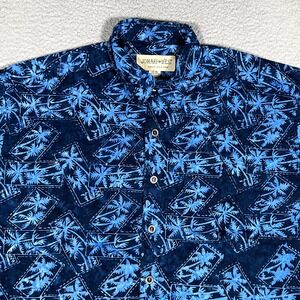 Johari West Shirt Mens XL Blue Palm Tree Print Cotton Casual Batik Pocket‎